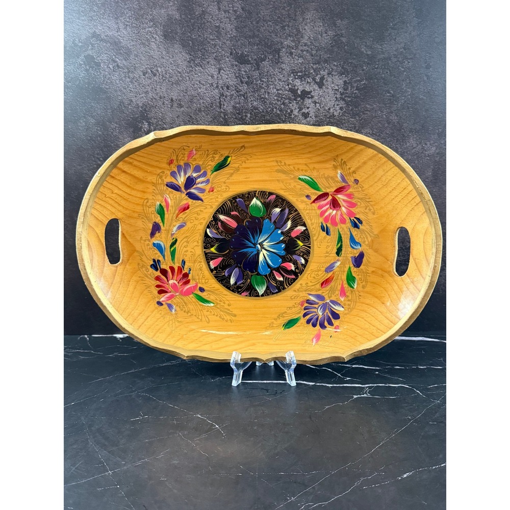 VTG Mexican Folk Art Batea Wooden Oval Tray Hand Painted Floral 16.5in